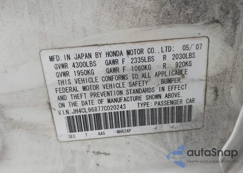 2007 Acura Tsx from USA, damaged, VIN JH4CL96877C020243